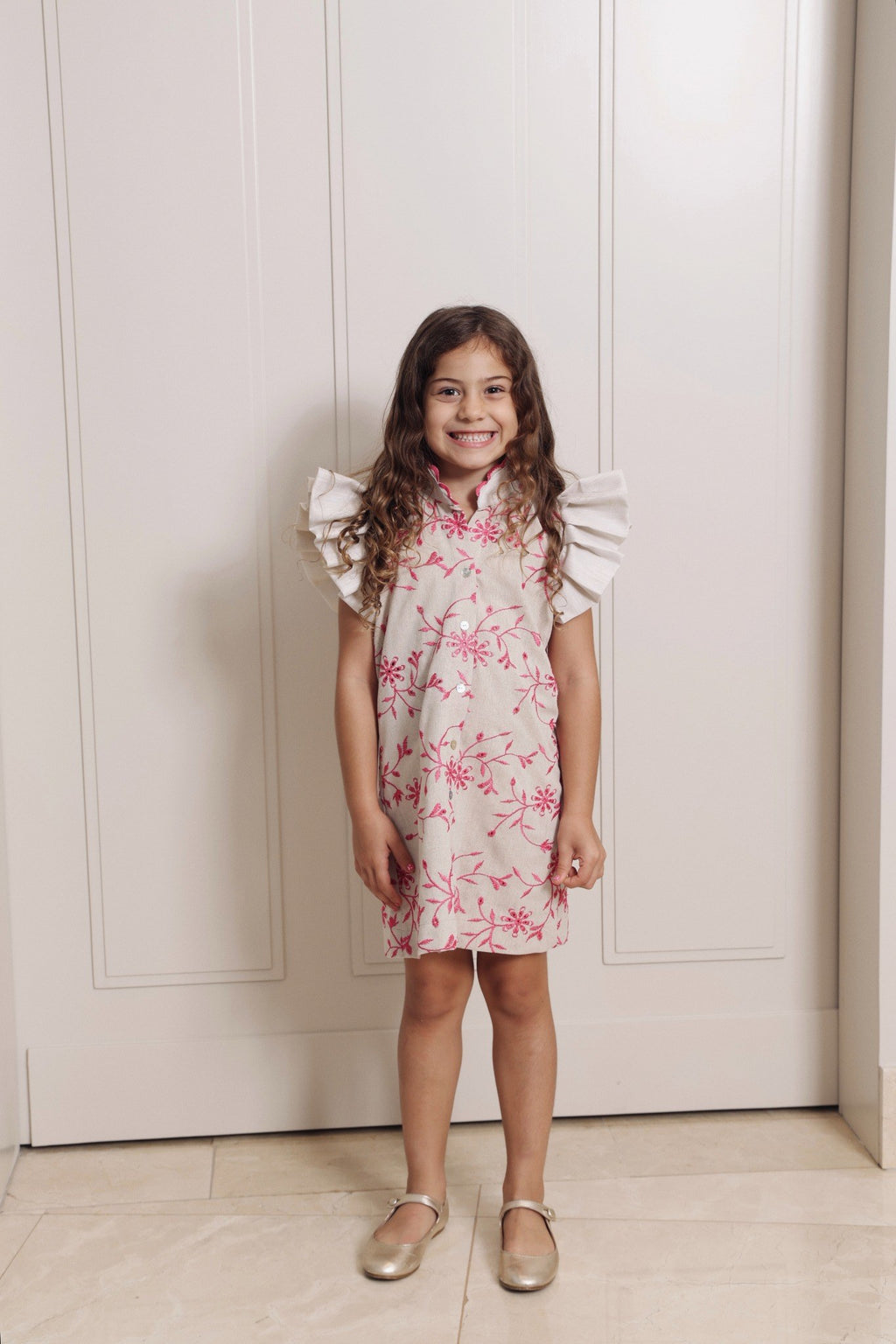 Girls- Hoja Dress Pink Embroidery