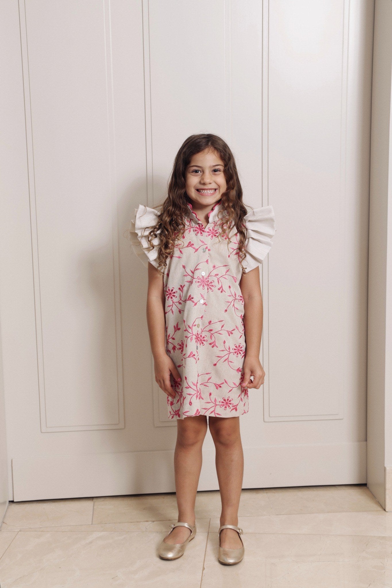 Girls- Hoja Dress Pink Embroidery